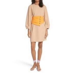 Tibi Shirred Sleeve Corset Waist Shift Dress Yellow and Tan Belted